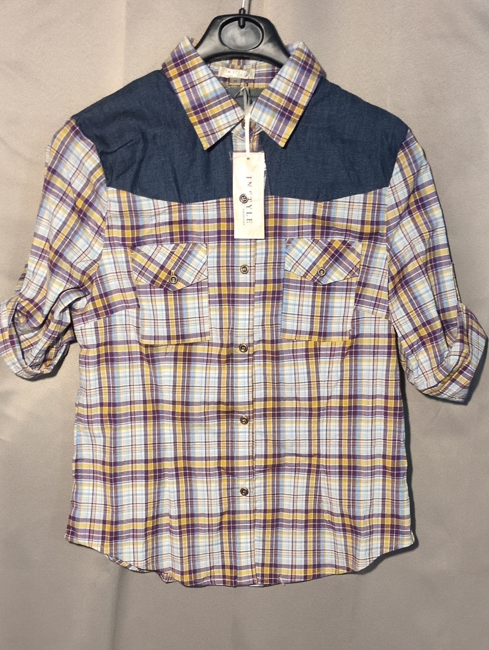 Instyle Purple/Yellow Plaid Button-Down Shirt with Blue Contrast Yoke